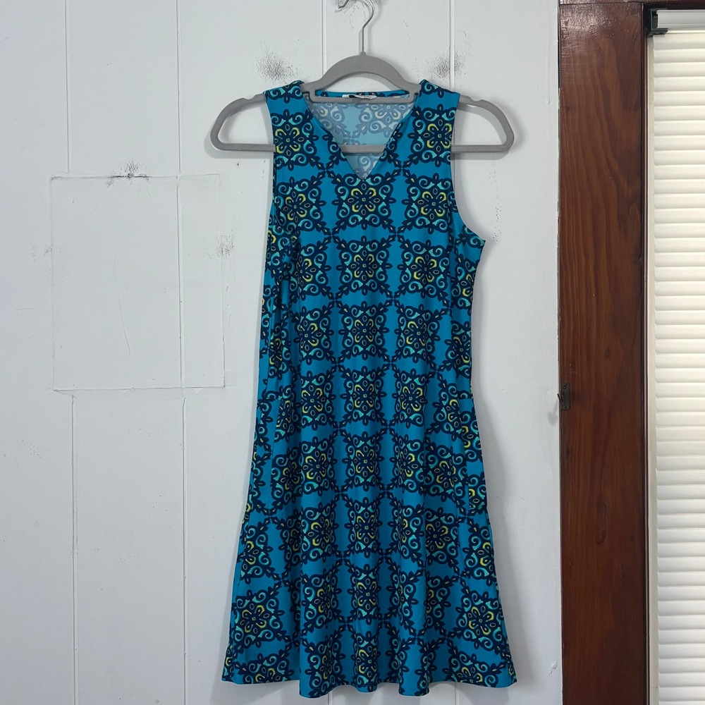 All For Color Womens Turquoise Blue Medallion Print V-Neck Shift Dress Pockets S